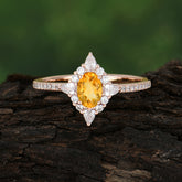 Vintage Oval Cut Citrine Engagement Ring Cluster Pave Bridal Ring